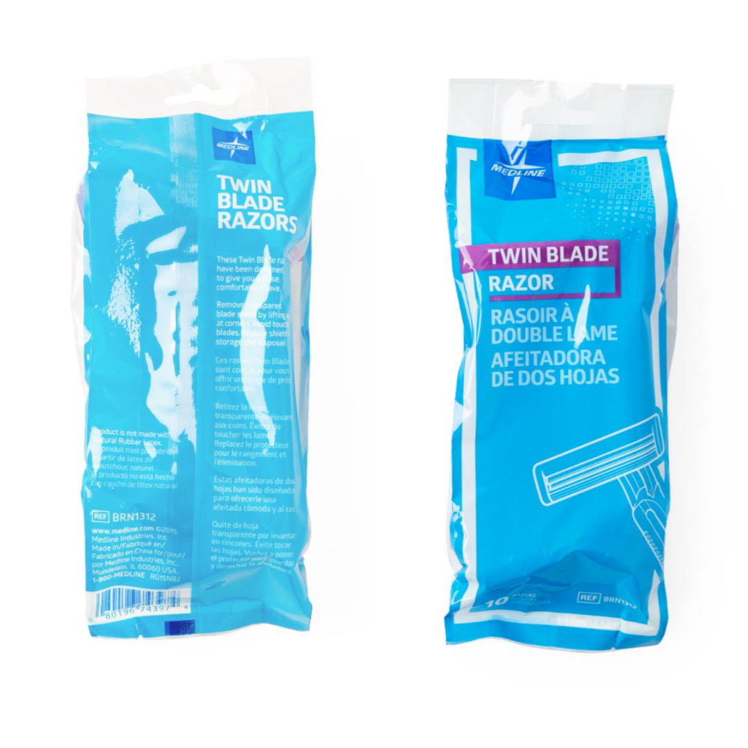 Two blue plastic bags of Medline Disposable Twin Blade Facial Razor are shown. The front displays English and Spanish text with a razor image, while the back shows product details and a barcode—ideal for patient preparation.